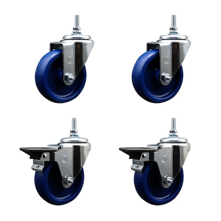 Service Caster 4 Inch Solid Polyurethane 12 MM Threaded Stem Caster Set 2 Brakes SCC SCC-TS20S414-SPUS-M1215-2-PLB-2